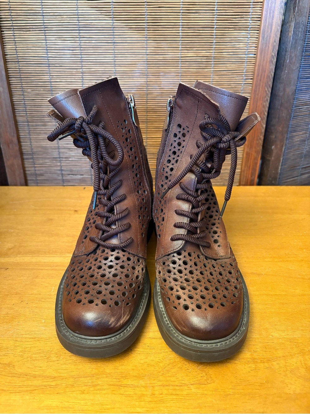 Women’s Brown Perforated Lace-Up Ankle Booties